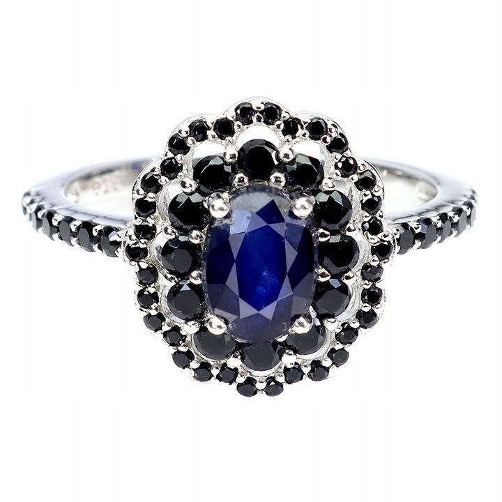 Inel din argint 925 cu safir natural albastru si spinel negru, 17.5, Songea