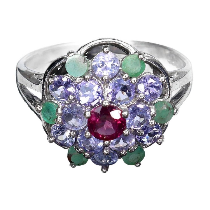 Inel din argint 925 cu pietre naturale, tanzanit, smarald, granat, 17.5, Songea