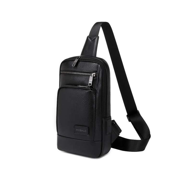 MYBALO Cobbler unisex táska, 9" tablethez, USB porttal, vízlepergető, fekete, 3 l, méretei 30x17x6 cm