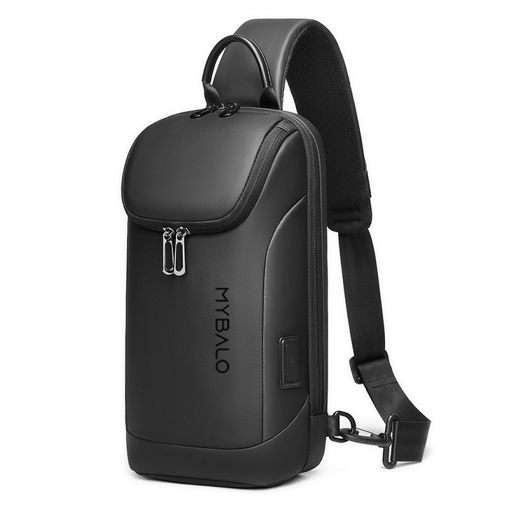 Rucsac MYBALO Breeze 5,5L, pentru tableta 9,7", port USB-C, capacitate compacta, culoare neagra, dimensiuni 34x18x9cm