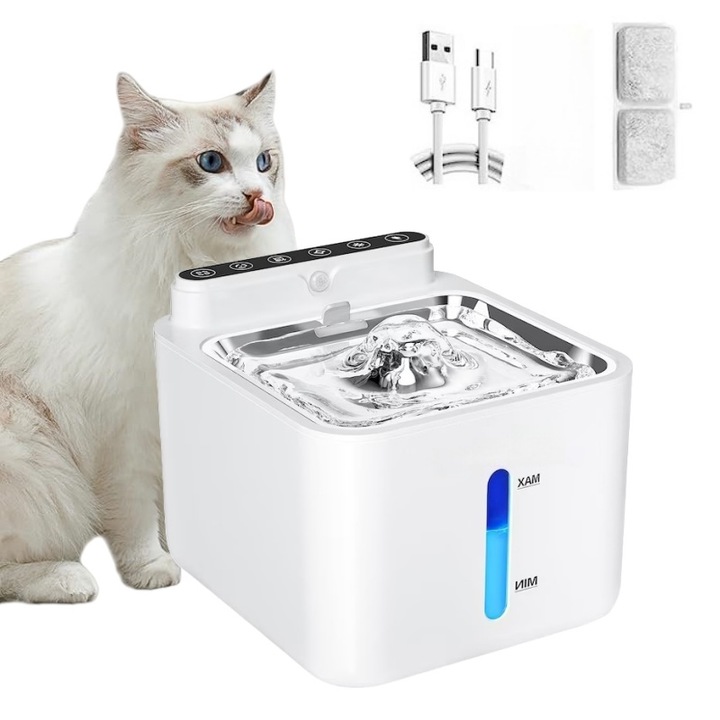 Dispenser apa automat, tip fantana pentru pisici si caini, cu adaptor USB priza, Iluminare LED, Otel inoxidabil, cu purificare si filtrare,4 L, Alb