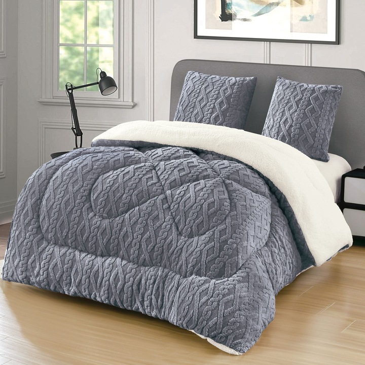 Set Pilota Cocolino cu Blanita, Tricotata, 2 Fete de Perna, Gri/Albastrui, 200x230cm