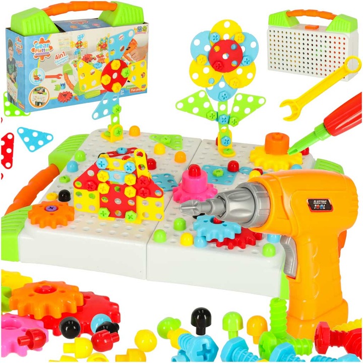 Конструктор с електрическа бормашина, винтове и блокчета, 181 части, в куфар