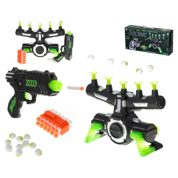 Set joc interactiv Artemis, tinta cu mingi zburatoare, pistol cu sageti moi, 12 sageti, 10 bile din polistiren, 21,5x3x13,5cm, 33x10x23cm