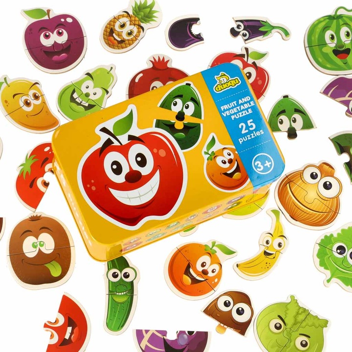 Puzzle educational Artemis, set 25 elemente, fructe si legume, 6x6cm, cutie metalica