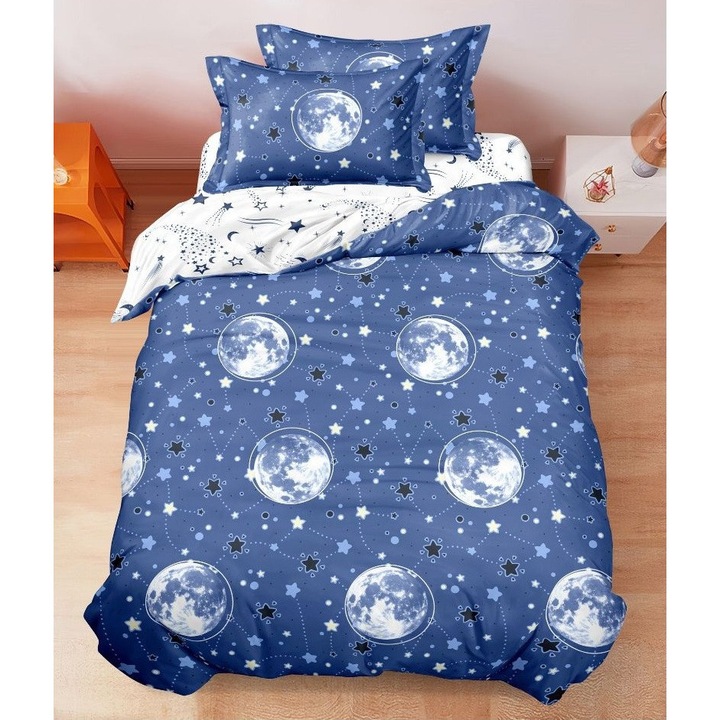 Set Lenjerie CHIRASO, Finet Premium, 4 Piese, Cearceaf 140x200cm, Husa Pilota 160x200cm, Fete de Perna 50x70cm, albastru/alb