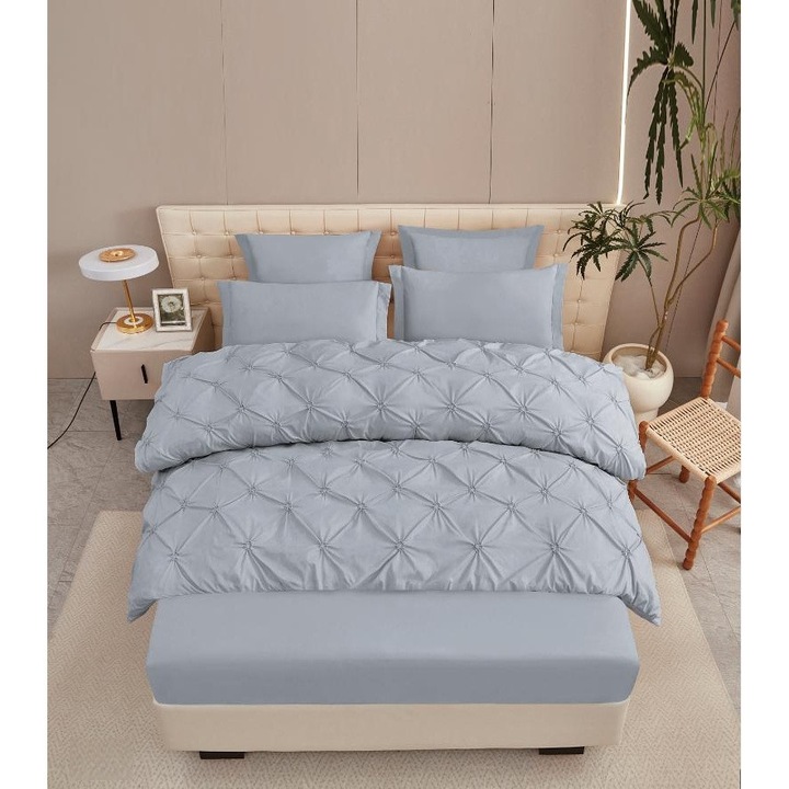 Set Lenjerie CHIRASO, Finet Premium, cu Pliuri, 6 Piese, Cearceaf cu Elastic 180x200 cm, Husa Pilota 200x230 cm, 4 Fete de Perna, UNI, gri deschis