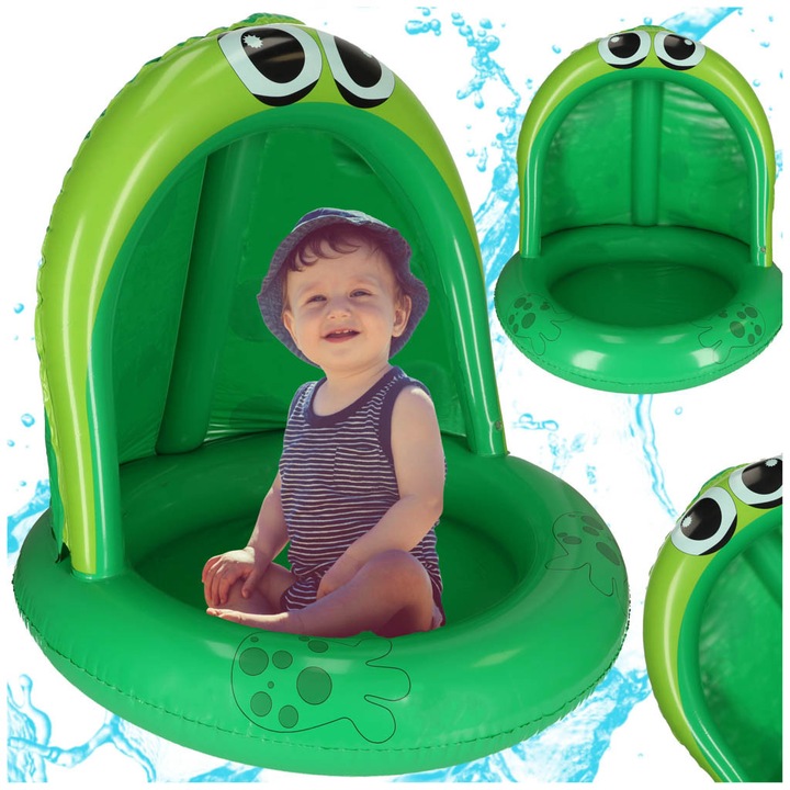Felfújható gyermekmedence tetővel, béka alakú stéggel, 95 cm