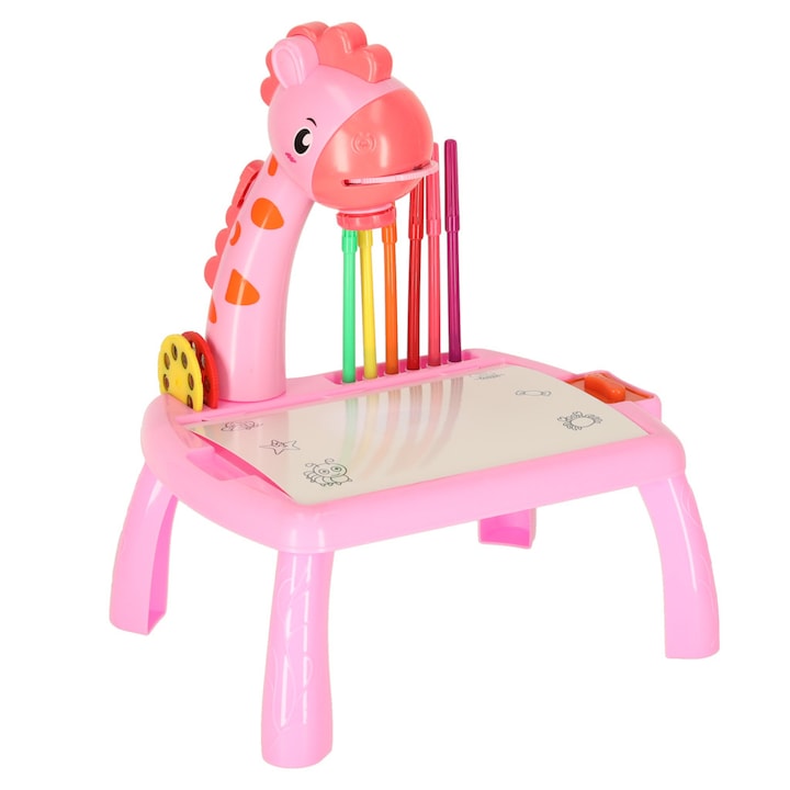 Masa de desen cu proiector Girafa, 3 discuri, accesorii si 12 carioci pentru copii, roz