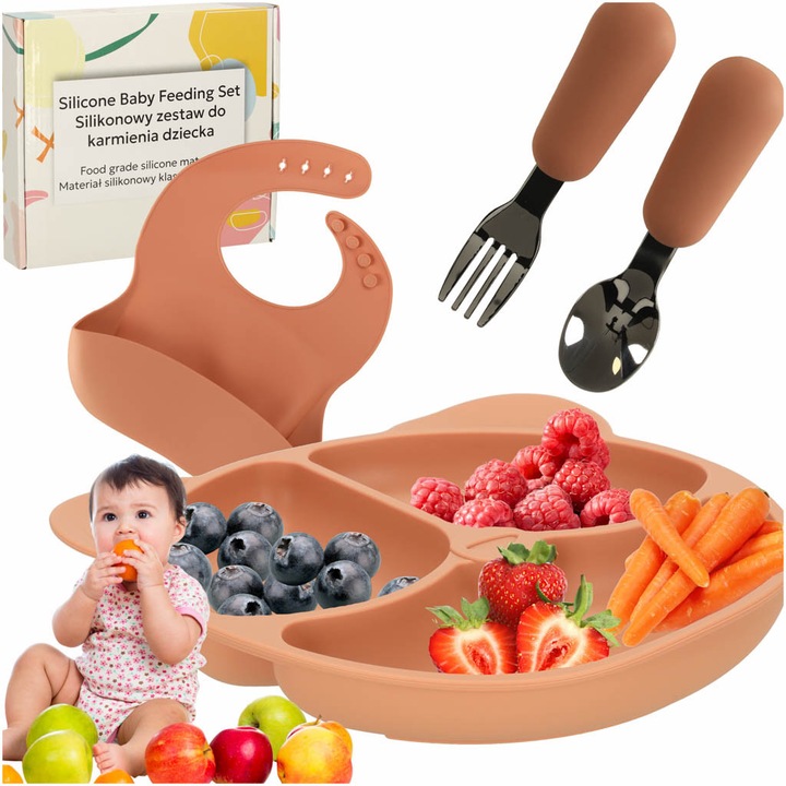 Szilikon gyerek evőeszközkészlet, Artemis, 4 darabos, narancssárga, három rekeszes tányér 19 cm, zsebes üveg