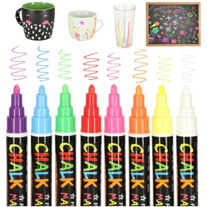 Set 8 markere colorate pentru sticla si tabla, Luka, usor de curatat, non-toxic, 14cm