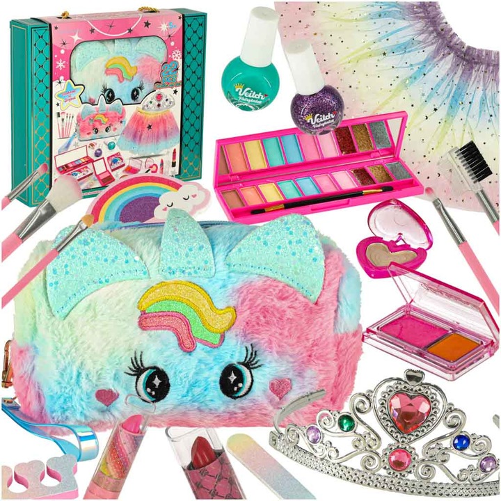 Set cosmetice pentru copii, Artemis, fusta tiul cu stele, trusa cosmetica unicorn, 22 elemente, 20x7,5x17cm