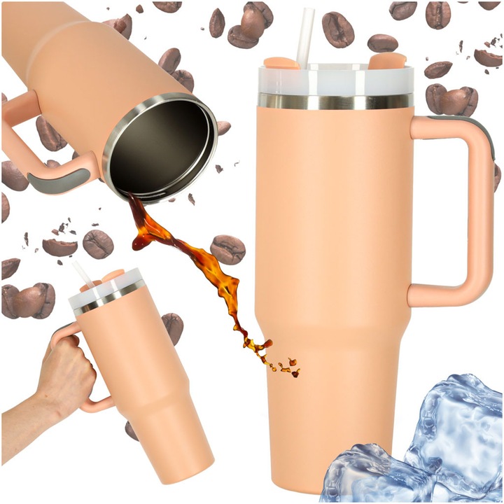 Cana termica cu capacitate de 1,2L, design modern, roz pudrat, cu maner si pai