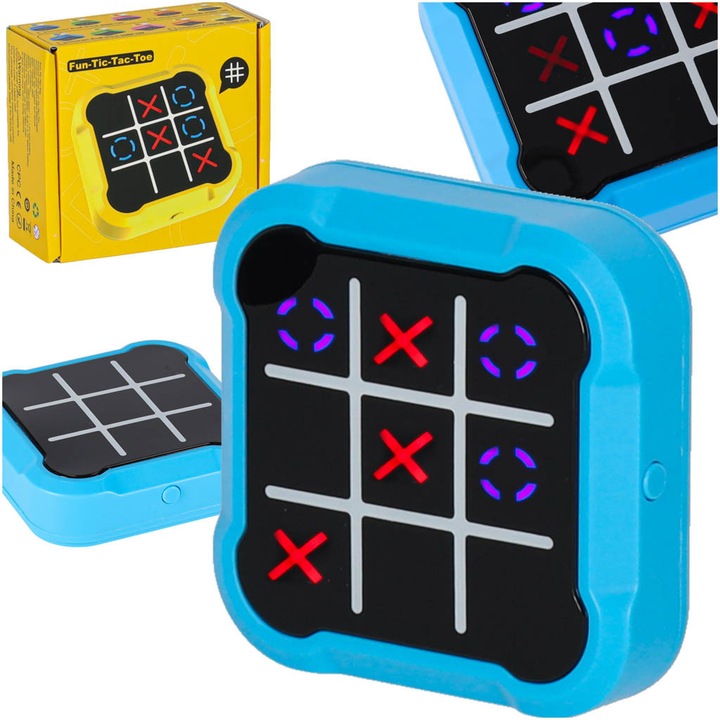 Joc Electronic Interactiv Tic-Tac-Toe 4 in 1 CIUPIGo® – X si 0 LED, Memorie, Loveste Cartita, Multiplayer, Educational, Portabil, Albastru, Copii 5+