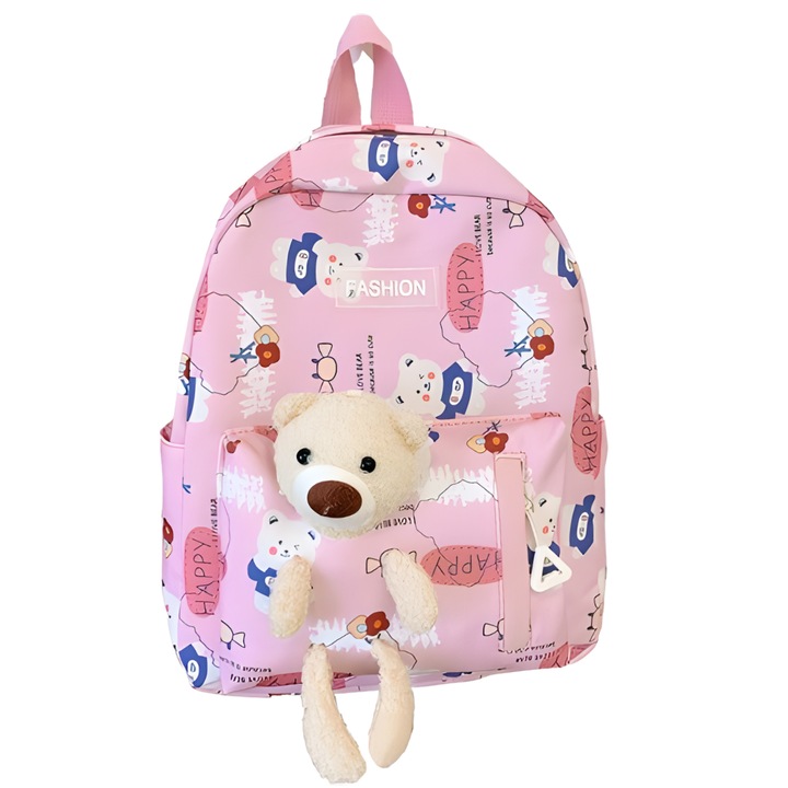 Раница Мече AZeira®, Подвижен аксесоар Мече, За предучилищна възраст, Текстил, Принт Щастливо мече, 3 Външни джоба, Мек текстилен материал, Водоустойчив, 30x23x12 см, Розов