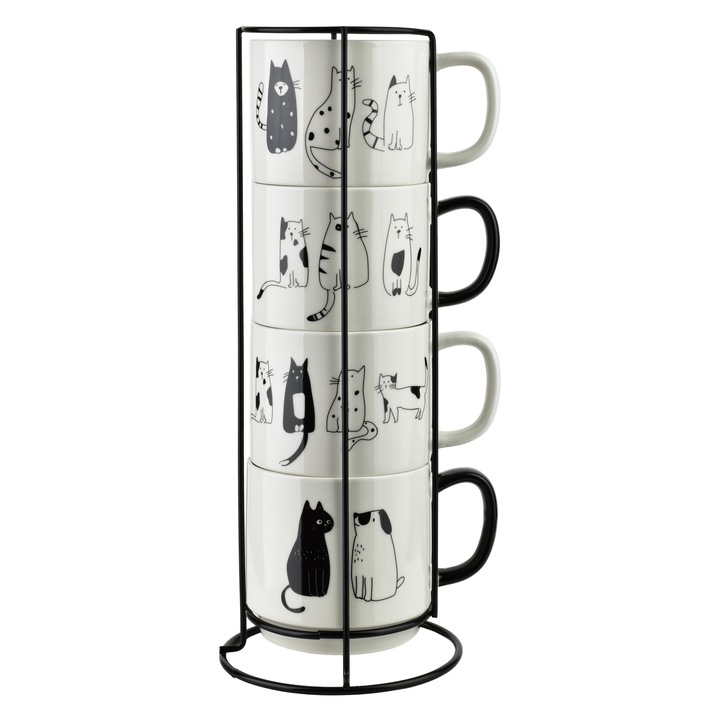 Set 4 Cani COTTELLO, Affekdesign, 370ml, Portelan, Motive cu pisici, Alb/Negru, 9.5x13x8.5cm