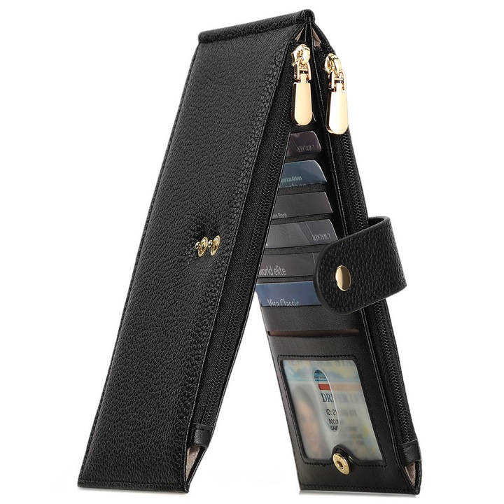 Portofel dama Camicour, piele naturala, blocare RFID, negru, 20x11x2,5 cm