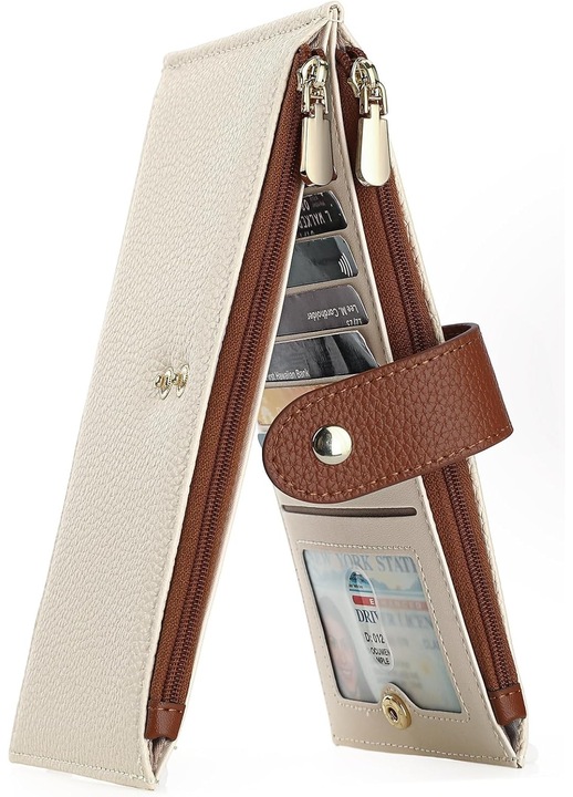 Portofel dama, Camicour, Piele naturala, blocare RFID, alb / maro, 20x11x2,5 cm