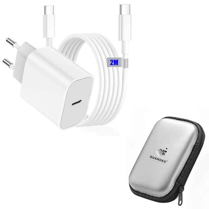 20W PD USB-C hálózati töltő készlet + Type-C - Type-C adatkábel, 2m, kompatibilis iPhone 16, 15, EVA tároló táska