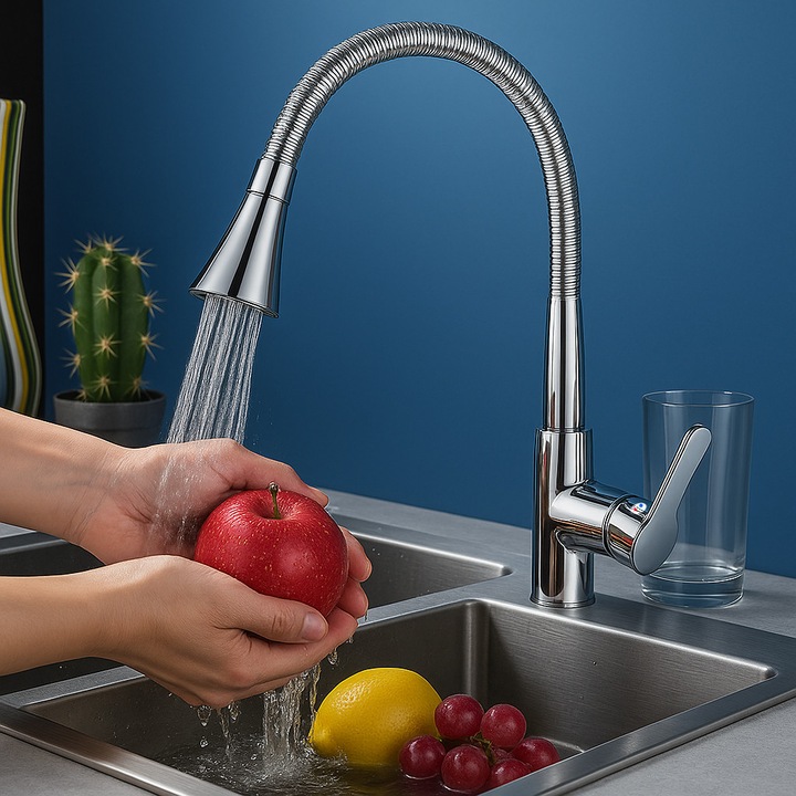 Baterie Chiuveta Bucatarie Novastride, cu Pipa Flexibila, Inox, Finisaj Cromat, 590mm