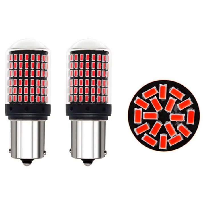 Set 2 Becuri LED P21W, 1156/BA15S, CANBUS, 144SMD, Rosu, 12V