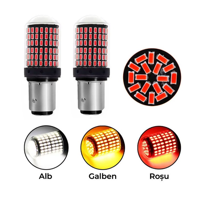 Set 2 Becuri LED P21W, 1157/BAY15D, CANBUS, 144SMD, Rosu, 12V