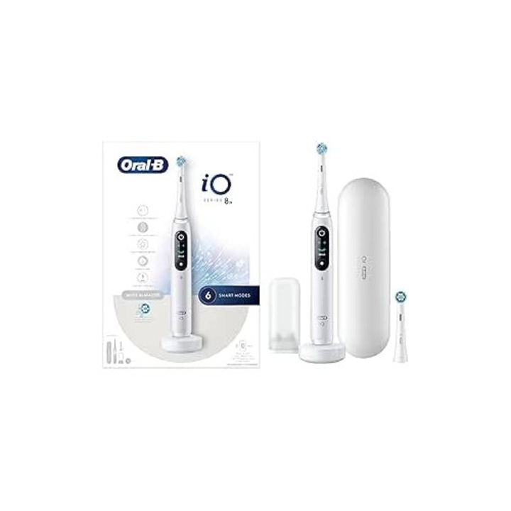 Periuta de dinti electrica Oral-B iO 8N, alba, cu Bluetooth, 2 capete de perie, 1 carcasa de calatorie, set de 4 bucati