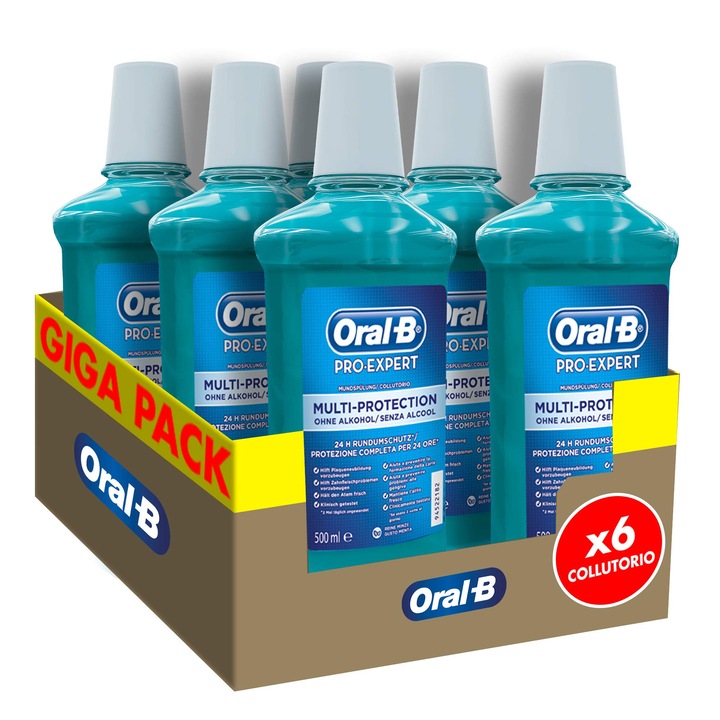 Apa De Gura Oral-B Pro-Expert Multi-Protection, Combate Bacteriile Care Cauzeaza Placa Bacteriana, Menta, Pentru O Respiratie Proaspata De Lunga Durata, Protectie 24 De Ore, Fara Alcool, Format Maxi Cu 6 Pachete X
