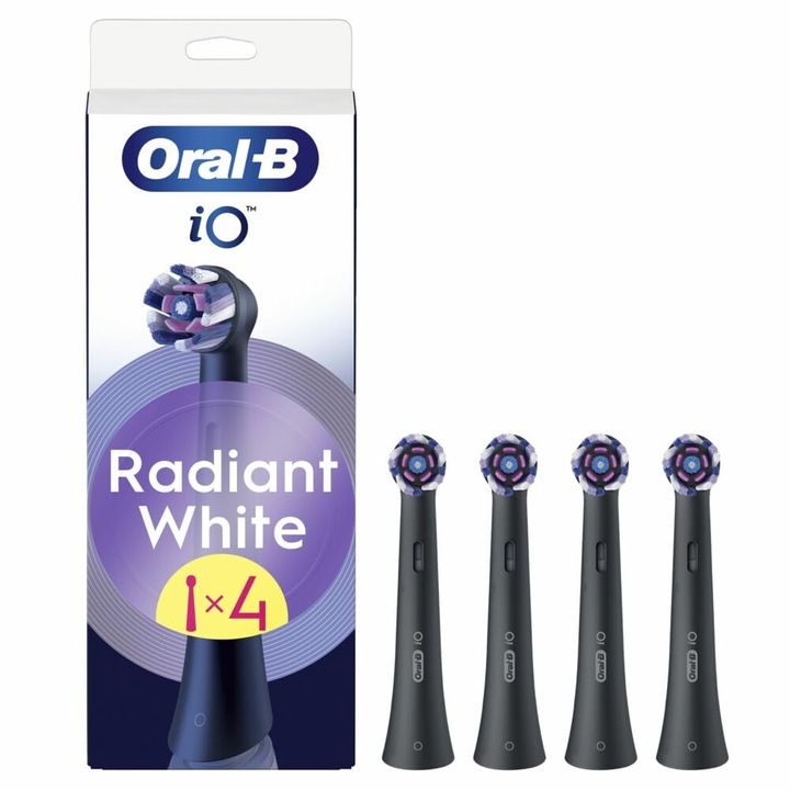 Capete De Periuta De Rezerva Oral-B Radiant White, Pachet De 4, Negre, Periuta Avansata Cu Lame De Lustruit Pentru Albirea Dintilor, Pentru Periutele Electrice Oral-B Io