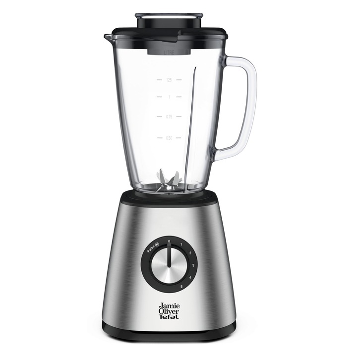 Blender Jamie Oliver De La Tefal, Usor De Utilizat, Putere De 800 Wati, Recipient Termic Robust Din Sticla (Capacitate De 1,25 L), Functie De Gheata Zdrobita, 5 Setari De Viteza, Otel Inoxidabil/Negru, Bl43J810