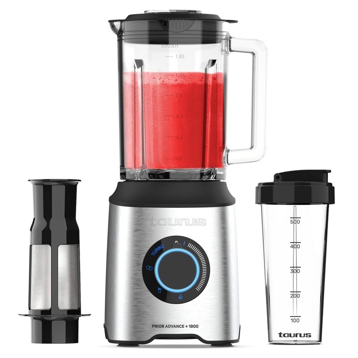 Taurus - Blender Puternic Prior 1800W | 20 De Viteze | 4 Programe | Zdrobitor De Gheata | Aparat De Smoothie | Se Poate Spala In Masina De Spalat Vase | 6 Lame | Filtru Pulpa + Recipient La Pachet | Fara Bpa