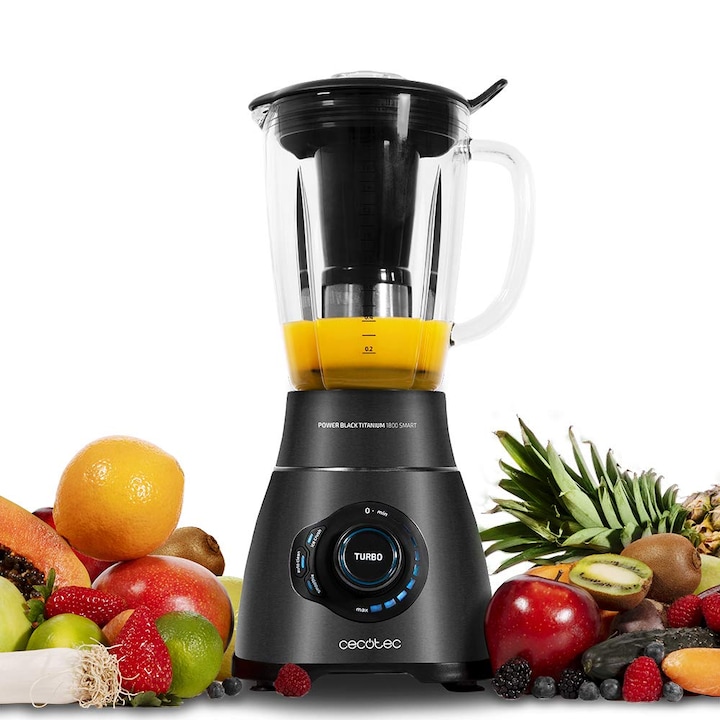 Blender Inteligent Cecotec Power Black Titanium 2500Max. Putere Maxima De 2500 W, Vas Termorezistent De 1,8 L, 3 Programe, Lama Cu 6 Lame, Invelis Din Titan Negru, Filtru Pentru Smoothie