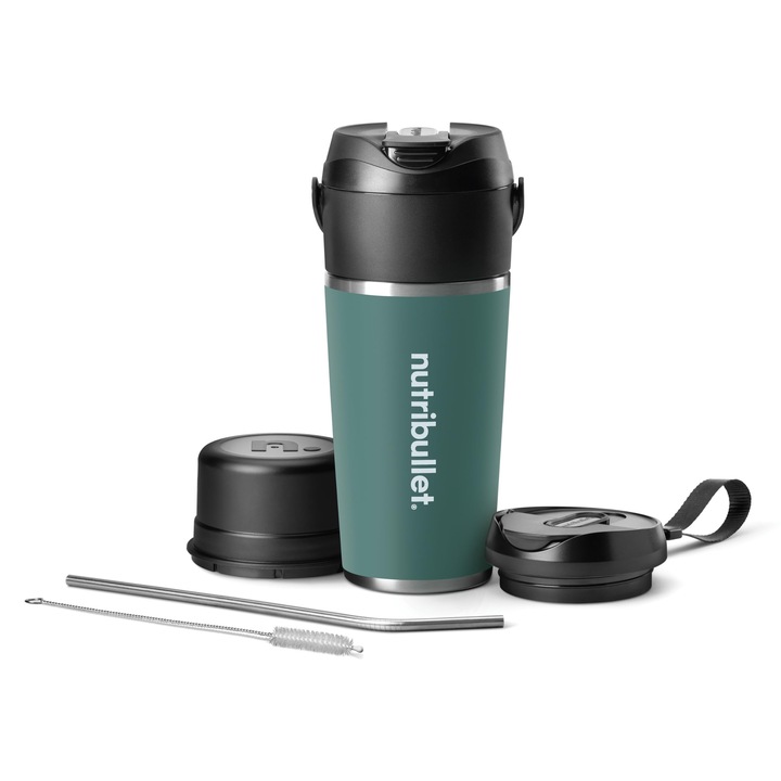 Blender portabil NutriBullet Flip, 590 ml, otel inoxidabil, functie de incarcare USB-C, eucalipt