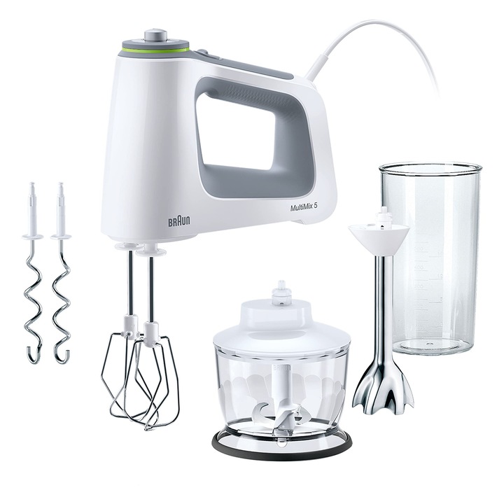 Braun Multiquick 5 HM 5137 Kézi Mixer – Kézi Mixer Változtatható Sebességszabályzóval, Habverővel, Tésztakészítő Horoggal, Botmixerrel, Aprítóval és 600 ml-es Mérő- és Keverőpohárral, 750 Watt, Fehér