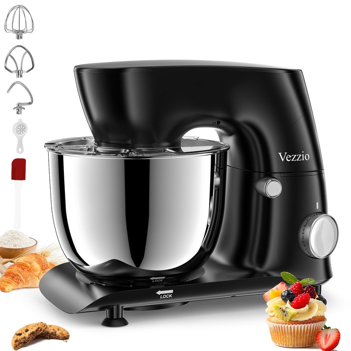 Függőleges mixer/Vezzio konyhai gép sütéshez, 5,5 L, 1500 W-os kis tésztamixer dagasztókarral, habverővel, fröccsenésgátlóval, 10 sebességgel, planetáris keverőrendszerrel (fekete)