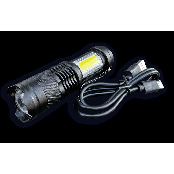 Lanterna compacta LED COB, Teger, 200lm, aluminiu, functie zoom, 500mAh, USB