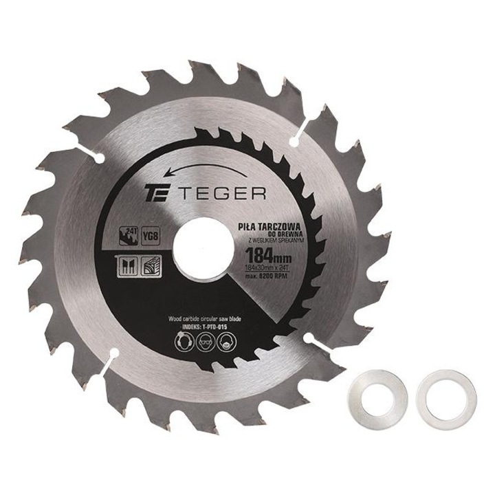 Fierastrau circular cu varf de carbura Teger 184x30x24T, pentru lemn, taiere longitudinala si transversala