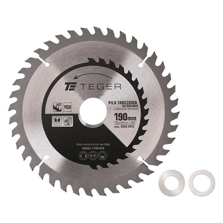 Pila tarczowa Teger 190x30x40T, pentru lemn, cu weglik spiekany, pentru taiere longitudinala si transversala