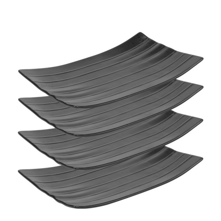 Set 4 Platouri din ceramica, tip frunza banan, STREET FOOD BLACK, 23, 3x14, 7x2, 7cm