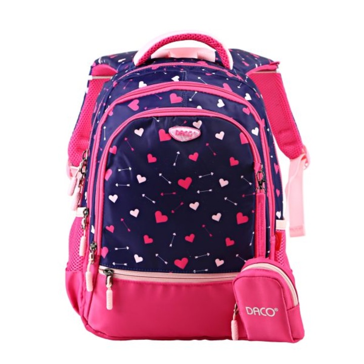 Ghiozdan scolar GH3004 Daco 38 x 30 x 17 cm, Motiv inimioare, Albastru inchis/Roz