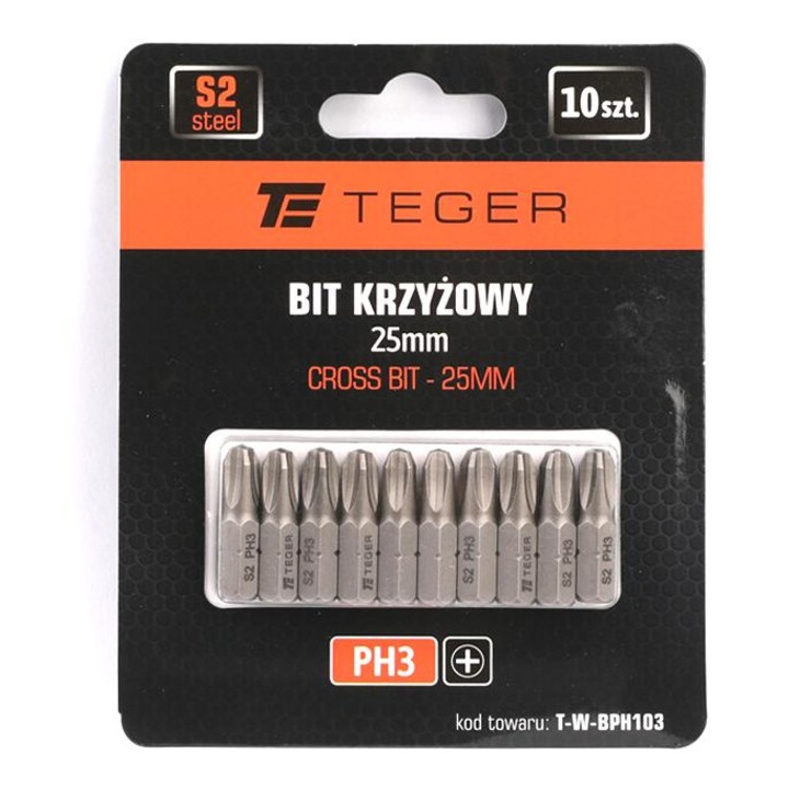 Set biti krzyzowy PH 25 mm/PH3, 10 bucati, Teger
