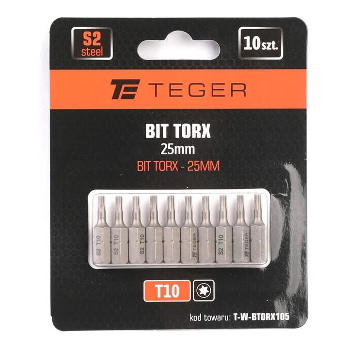 Set 10 biti TORX 25 mm/T10, Teger, otel S2, rezistenti la rasucire