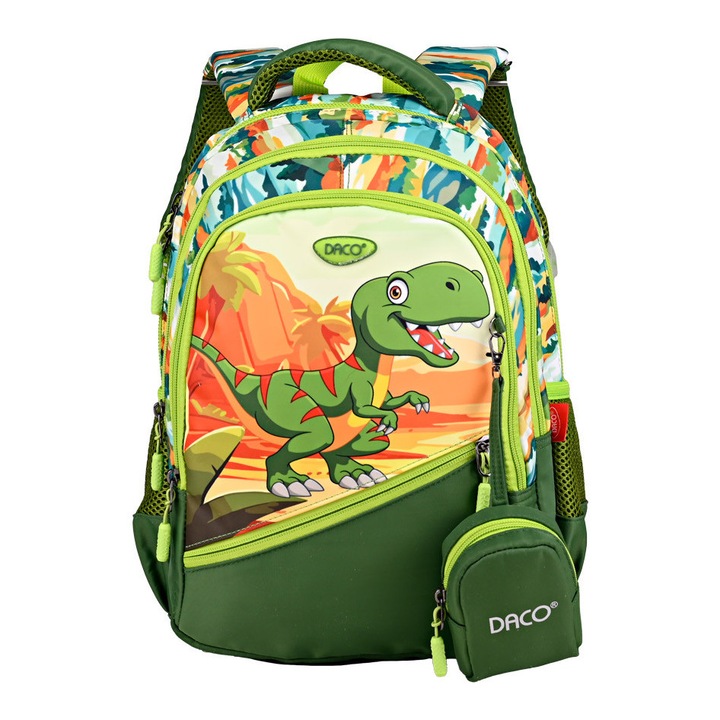 Fiú iskolatáska, 0–2. osztály, Dinoszaurusz, többszínű zöld, DACO GH3512, 38 cm + tasak