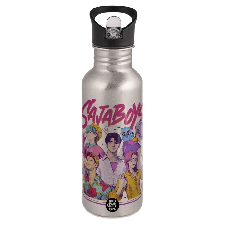 Sticla de apa 600ml, cu capac cu pai, inox, multicolor, pentru copii
