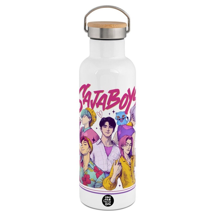 Termos Huntrix Saja Boys, inox, capacitate 750ml, perete dublu, alb cu capac din lemn