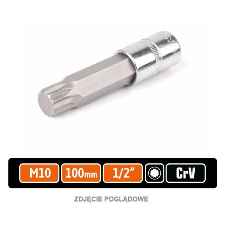 Cheie cu nasada 1/2" cu bit SPLINE 100 mm/M10, Teger, crom-vanadiu, rezistenta la stres