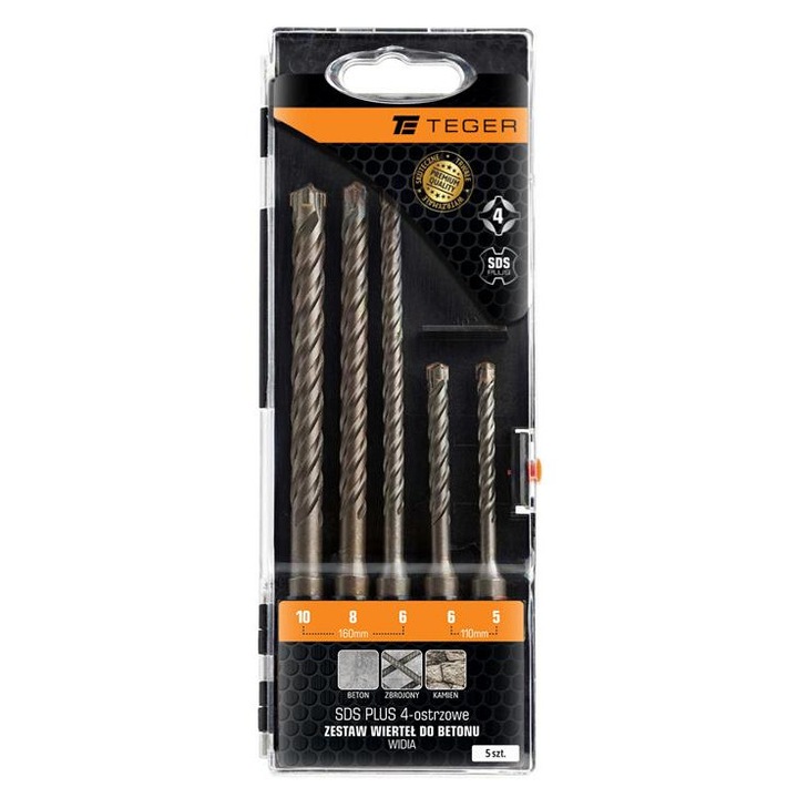 Set de burghie pentru beton SDS PLUS 4-ostrzowe, 5 bucati, 5x110mm, 6x110mm, 6x160mm, 8x160mm, 10x160mm