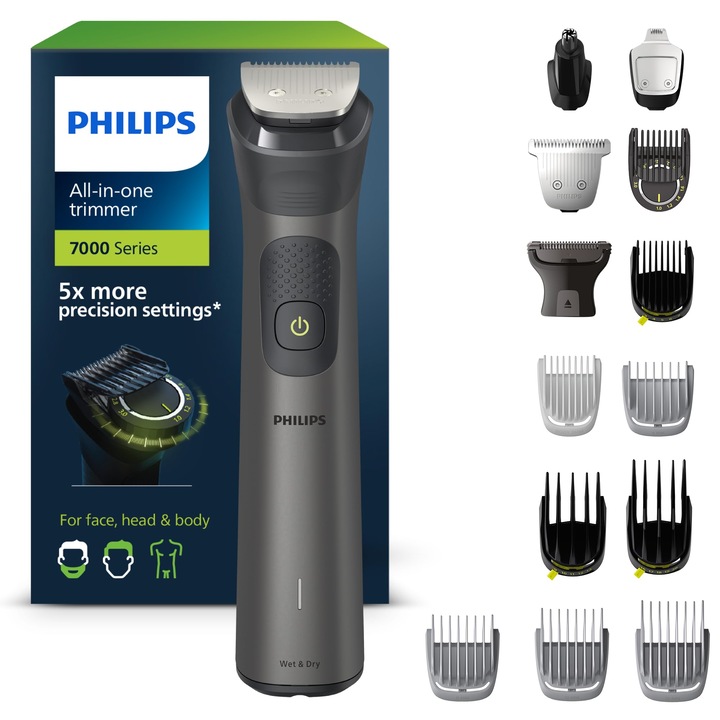 Philips Multigroom Seria 7000, Többfunkciós Hajvágó, Szakáll- és Hajnyíró 15 az 1-ben Arcra, Fejre és Testre – Egyetlen Készülék 26 Hosszúságbeállítással (0,5-20 mm) (MG7950/15 modell)