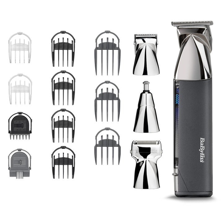 Babyliss Super-X Metal Multi-Trimmer 15 az 1-ben – Vezeték nélküli szőrtelenítő készlet, szakállvágóval és orrszőrzetvágóval, vízálló, ajándék férfiaknak, ezüst/szürke, Mt996E