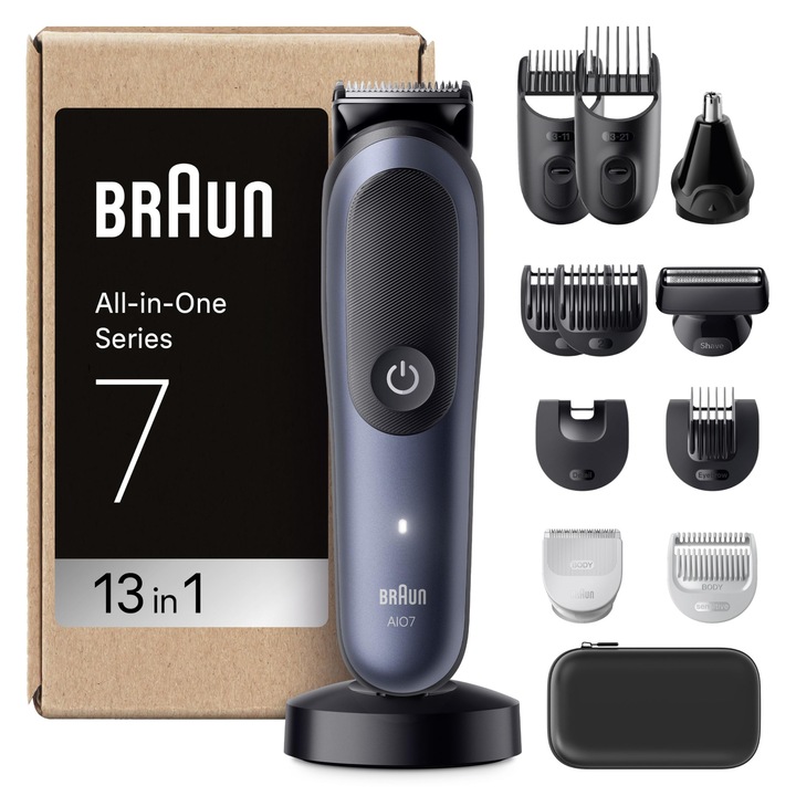 Braun All-In-One Series 7, 13 az 1-ben multifunkciós trimmelő, arcra, fejre és testre, szakállvágó, orrszőrnyíró, 120 perces akkumulátor, 14 hosszúság (3-21 mm), vízálló, Aio7565, kék